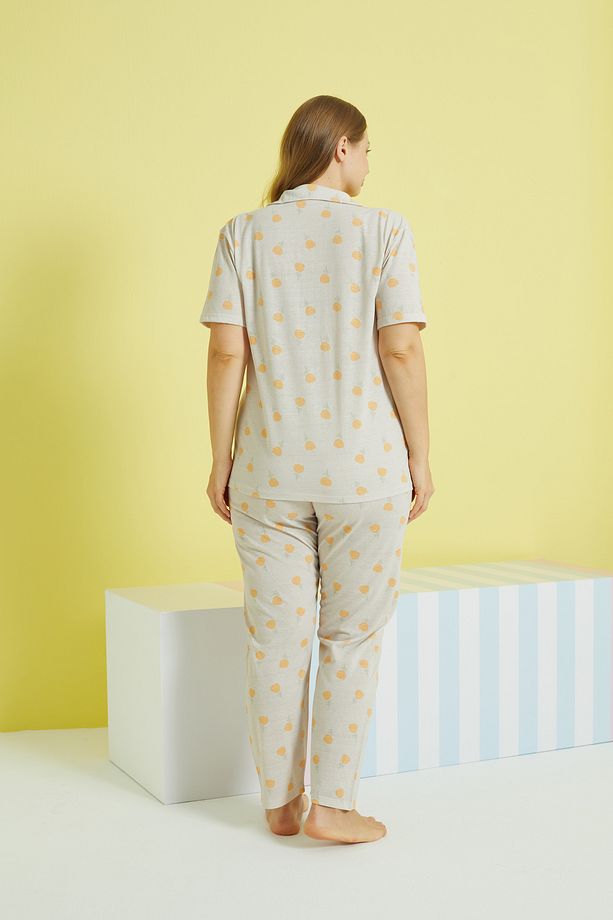 çok renkli Örme Curve Büyük Beden Battal Boy Düğmeli Pijama Takımı - 3
