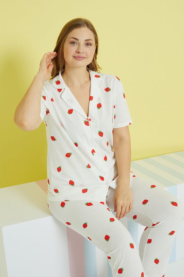 çok renkli Örme Curve Büyük Beden Battal Boy Düğmeli Pijama Takımı - 1