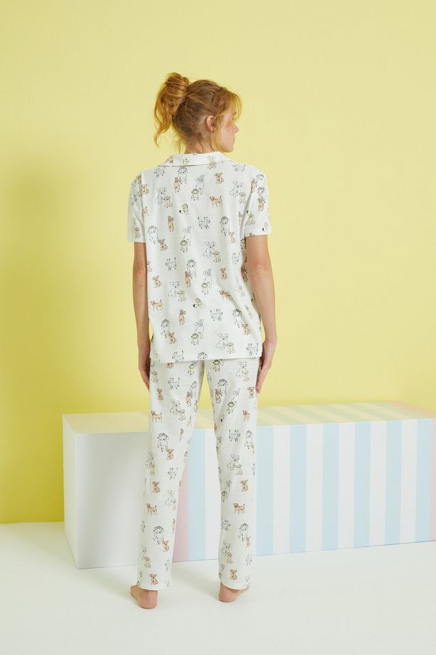 ekru çok renkli Örme Düğmeli Pijama Takım - 3