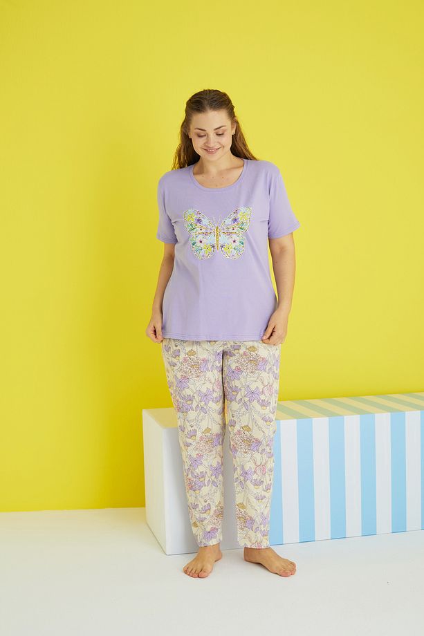 çok renkli Curve Büyük Beden Battal Boy Örme Pijama Takımı - 2