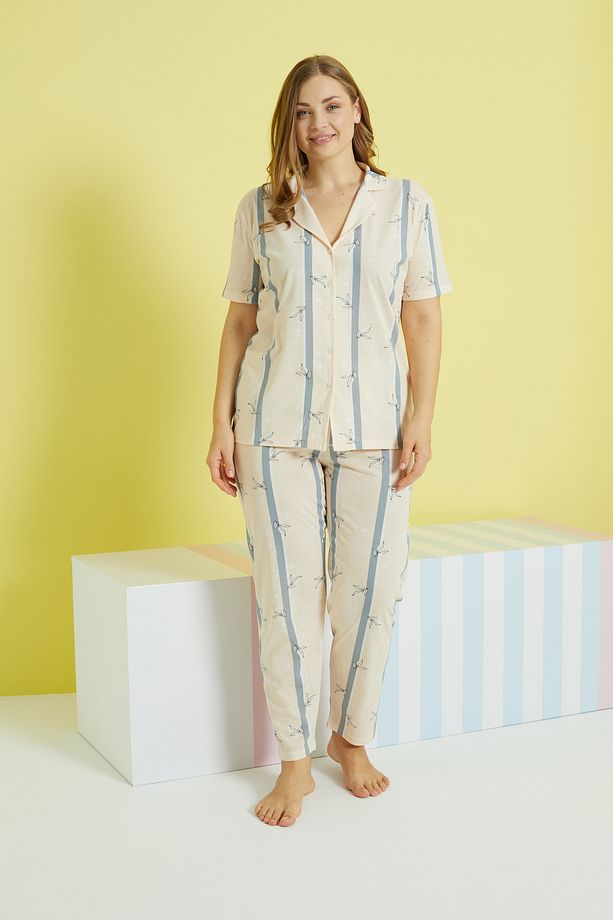 çok renkli Örme Curve Büyük Beden Battal Boy Düğmeli Pijama Takımı - 2
