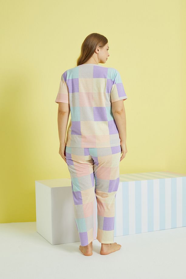çok renkli Curve Büyük Beden Battal Boy Örme Pijama Takımı - 3
