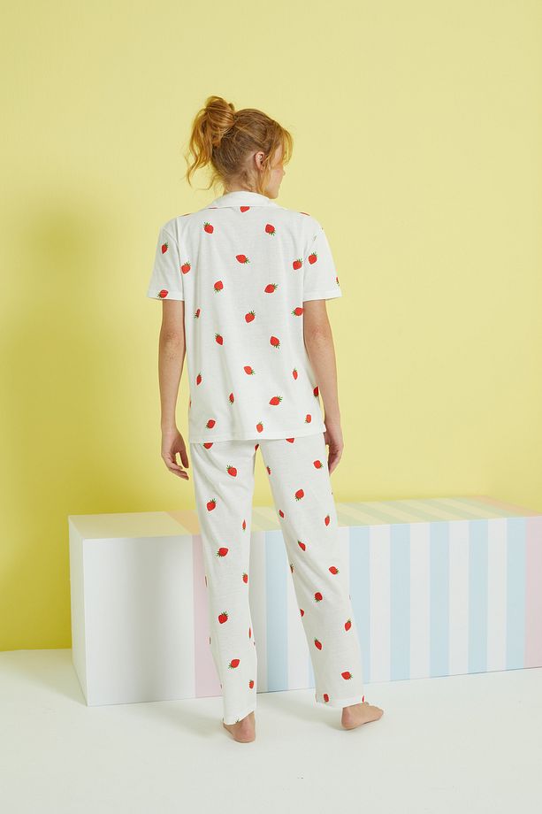 ekru çok renkli Örme Düğmeli Pijama Takım - 3