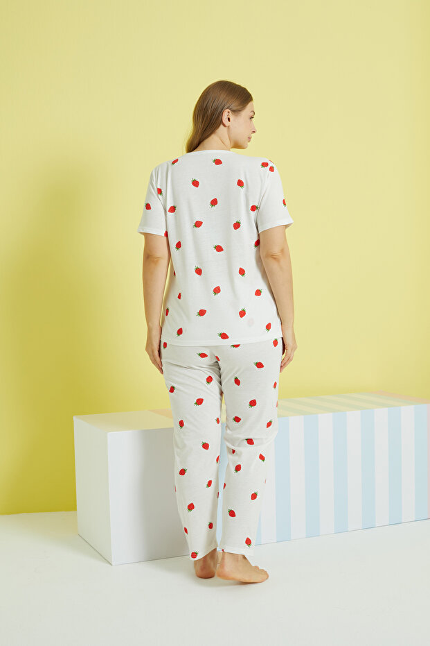ekru çok renkli Curve Büyük Beden Battal Boy Örme Pijama Takımı - 3