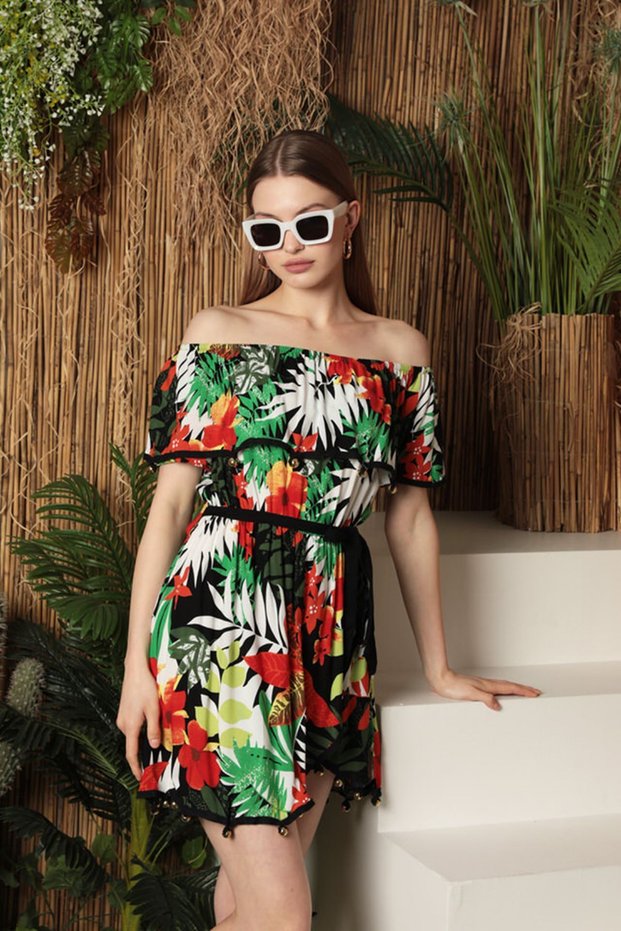 New Season Viscose Fabric Madonna Collar Belt Detailed Patterned Women's Mini Green Dress