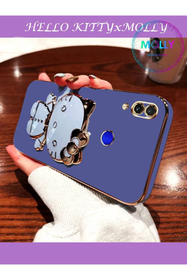 Petrol Blue Hello Kitty Stand Edge Gold Detailed Luxury Silicone Case for Huawei Y6 2019