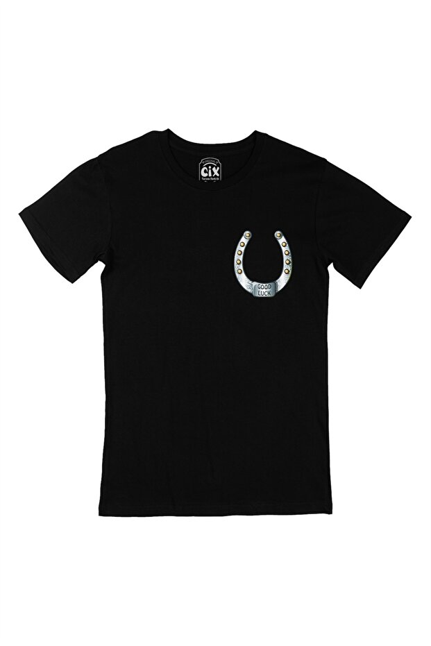 Good Luck Black T-Shirt with Horseshoe Pocket Logo Design