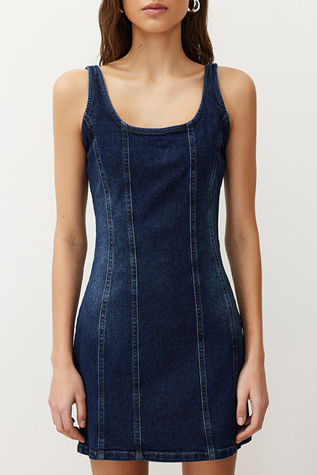 Mavi Dikiş Detaylı Fitted/Vücuda Oturan Mini Comfort/Esnek Denim Elbise TWOSS24EL00284 - 4