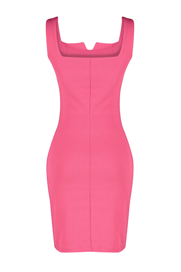 Fuşya Fitilli Askılı Bodycone/Vücuda Oturan Esnek Örme Mini Kalem Elbise TWOSS24EL00589 - 7