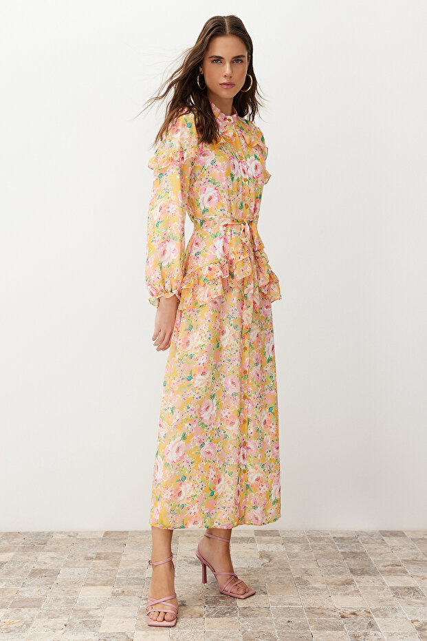 Orange Floral Ruffle Detailed Lined Woven Chiffon Dress TCTSS24EB00003