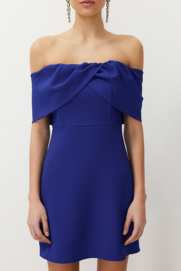 Saks Vücudu Saran Carmen Yaka Dokuma Mini Elbise TPRSS24EL00154 - 4