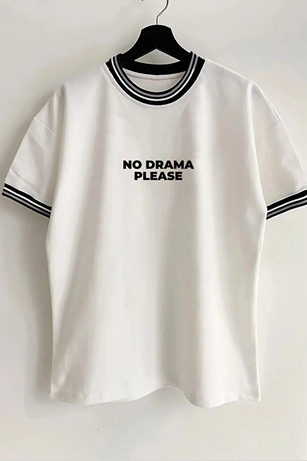 No Drama Text Printed Unisex New Season Oversize Fit Collar Detailed Summer White T-shirt