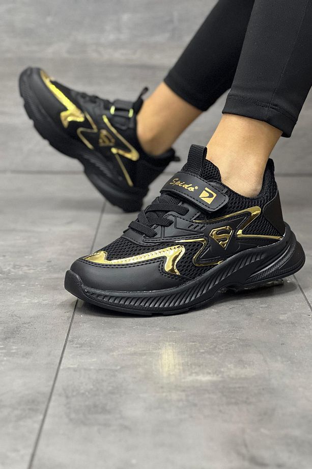 Çocuk Siyah Gold Bağcıklı Tek Cırt Cırtlı Hafif Nefes Alabilen Unisex File Sneaker Spor Ayakkabı - 4