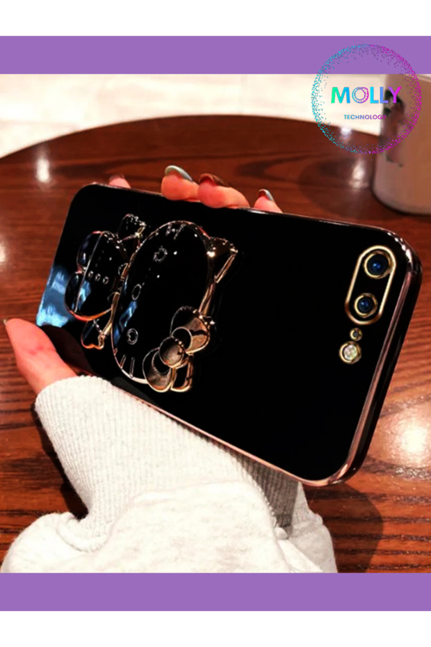 Black Hello Kitty Stand Edge Gold Detailed Luxury Silicone Case for iPhone 7 Plus