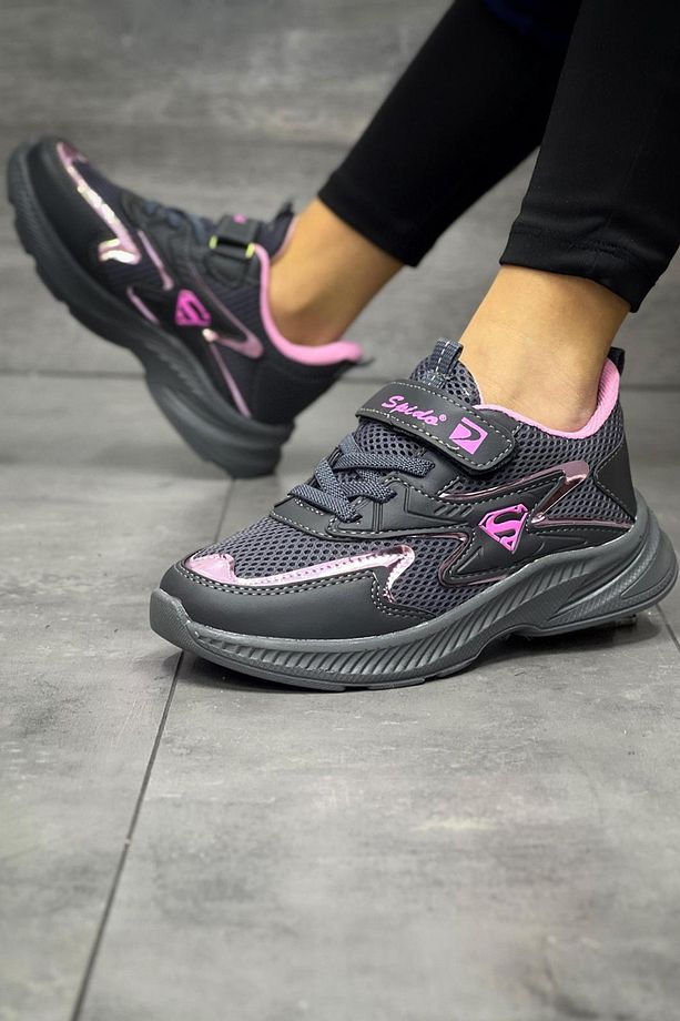 Çocuk Füme Pembe Bağcıklı Tek Cırt Cırtlı Hafif Nefes Alabilen Unisex File Sneaker Spor Ayakkabı - 2