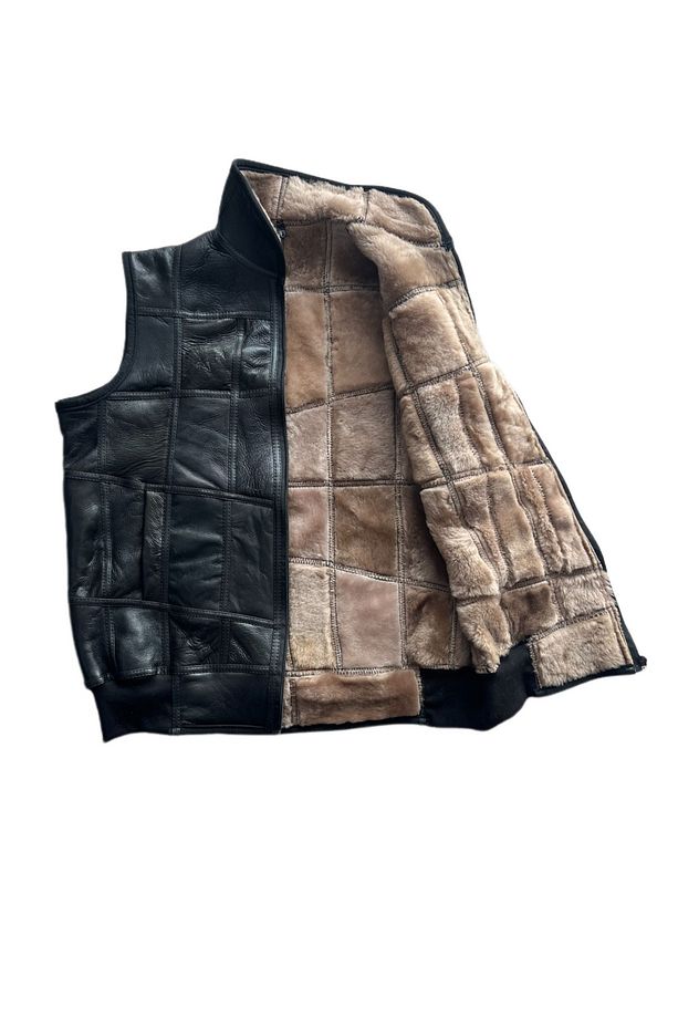 PatchWork İçi Kürk-Dışı Süet Hakiki Deri Yakalı Biye ve Triko Detaylı Yelek - 4