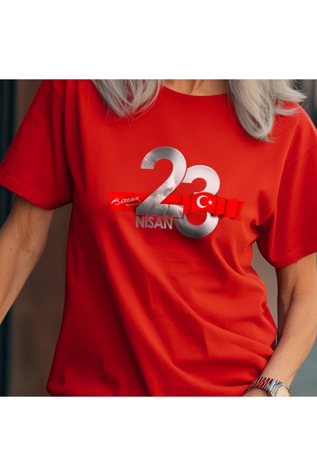 23 April Children's Day Ataturk Silver Foil Printed Red T-Shirt