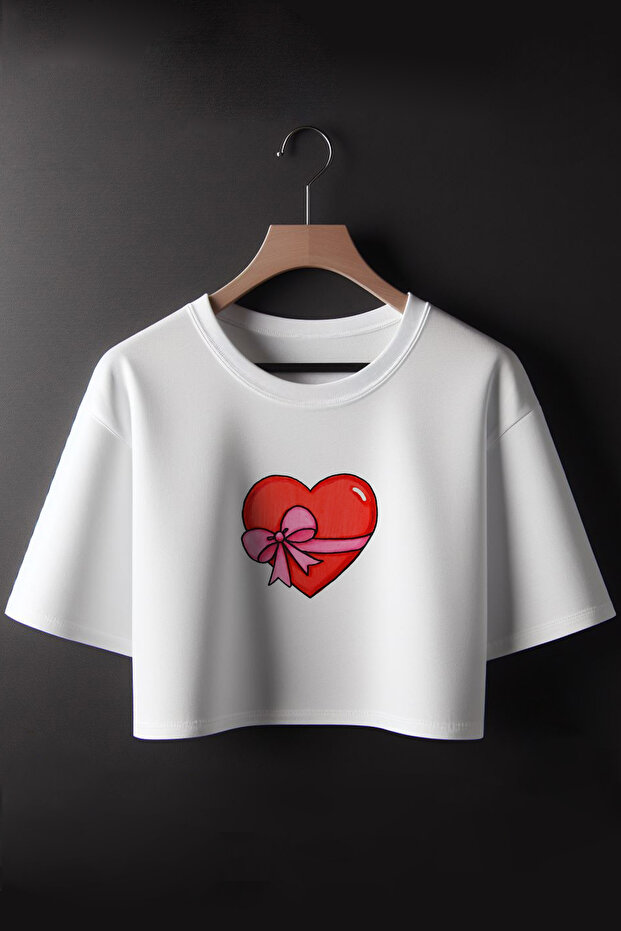 Heart Printed 2024 Coquette Fashion Oversize Crew Neck Crop