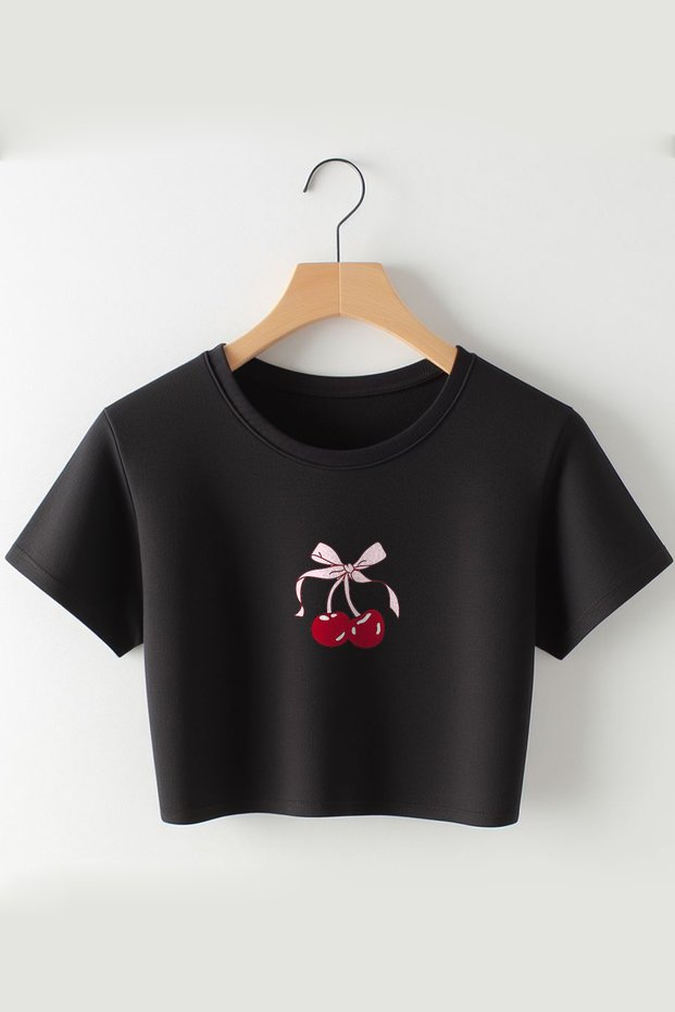 Cherry and Ribbon Printed 2024 Coquette Fashion Oversize Crew Neck Crop
