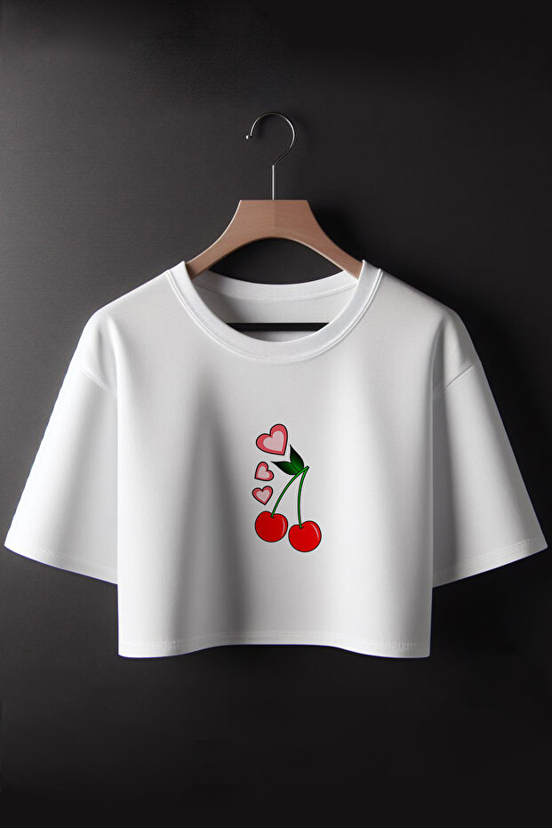 Heart Cherry Printed 2024 Coquette Fashion Oversize Crew Neck Crop