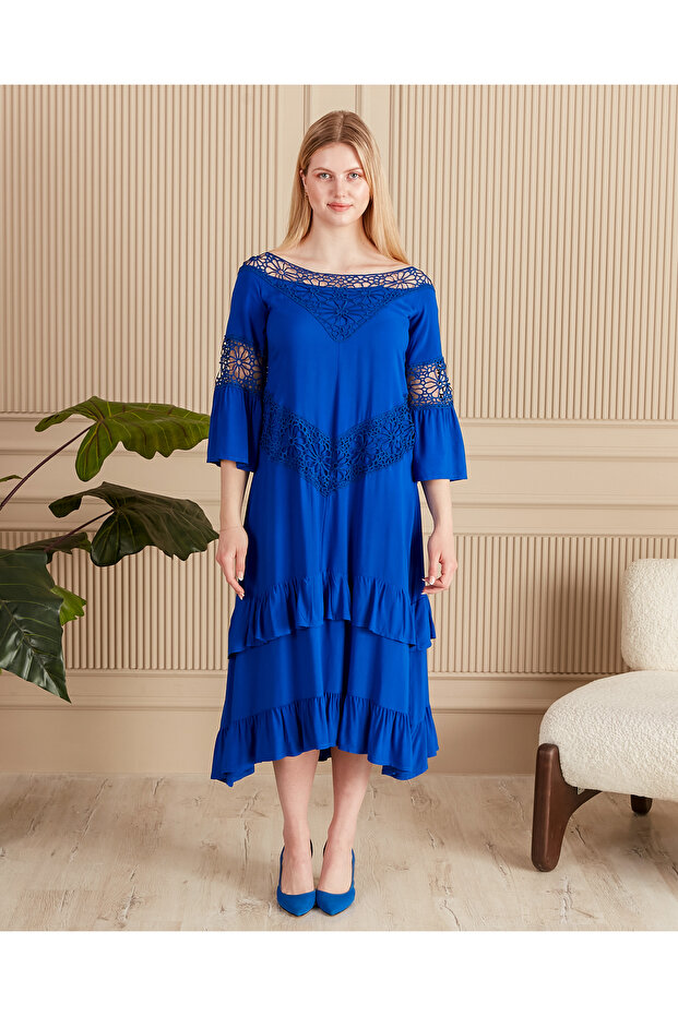 Women's Blue Lace Three-Quarter Sleeve Loose Dress