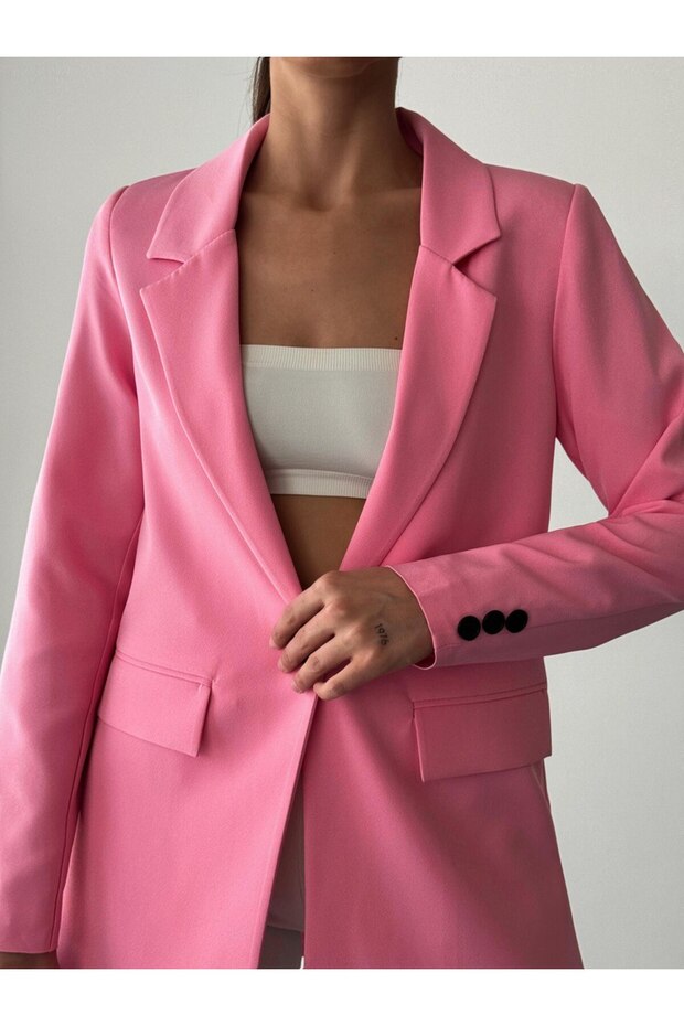 Atlas Kumaş Tek Düğmeli Pembe Blazer ceket - 5