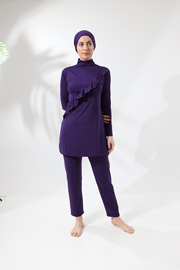 Covered Purple Color Hijab Swimsuit with Long Sleeve Ruffle Knitted Stretchy Pants