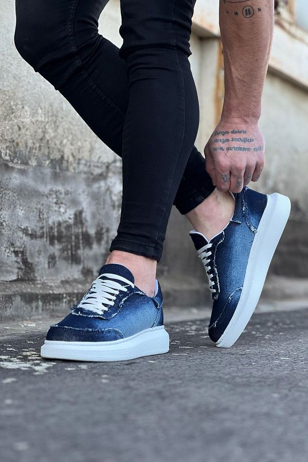J018 Bağcıklı Ortopedik Taban Kot Kumaş Erkek Sneaker Günlük Ayakkabı BT Koyu Mavi - 4