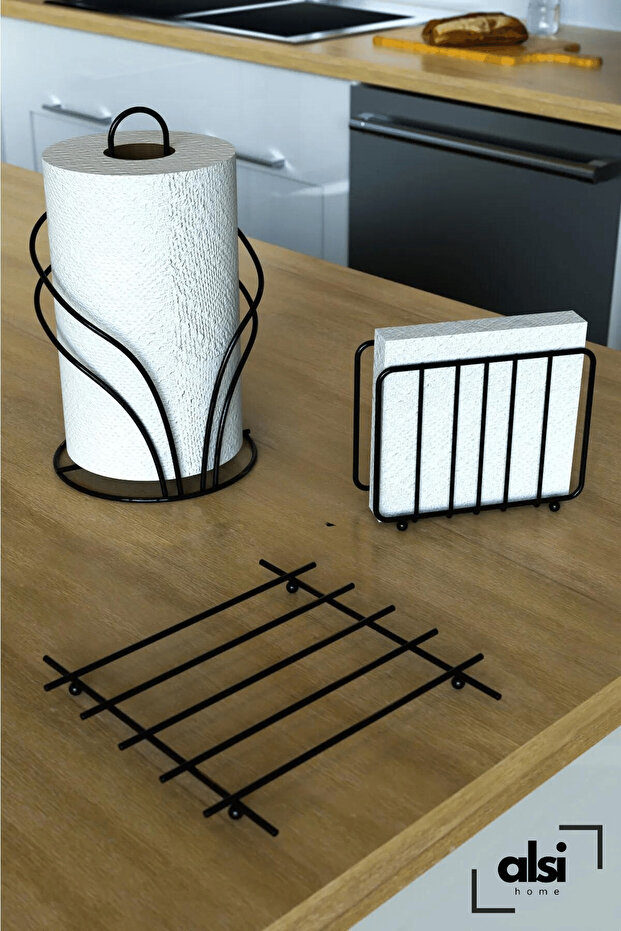 Luxury Stainless Service Presentation Set Towel Holder Napkin Holder Trivet Black Glossy 3-Piece Kitchen