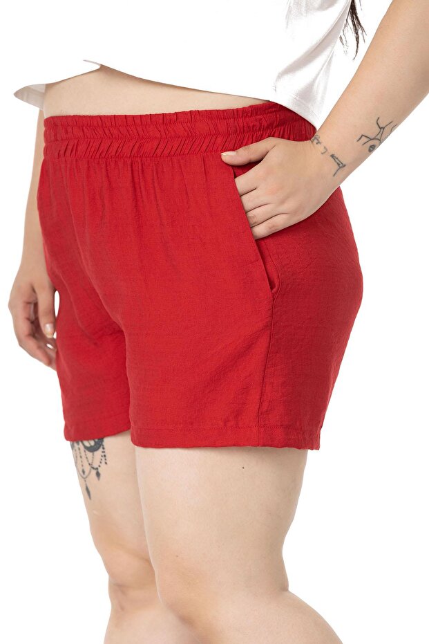 Plus Size Red Shorts with Elastic Waist and Side Pockets - 3