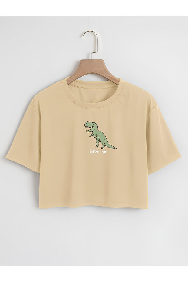 Women's Oversize Crew Neck Bite Me Printed Crop T-shirt
