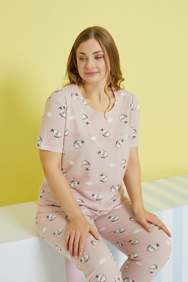 çok renkli Curve Büyük Beden Battal Boy Örme Pijama Takımı - 1