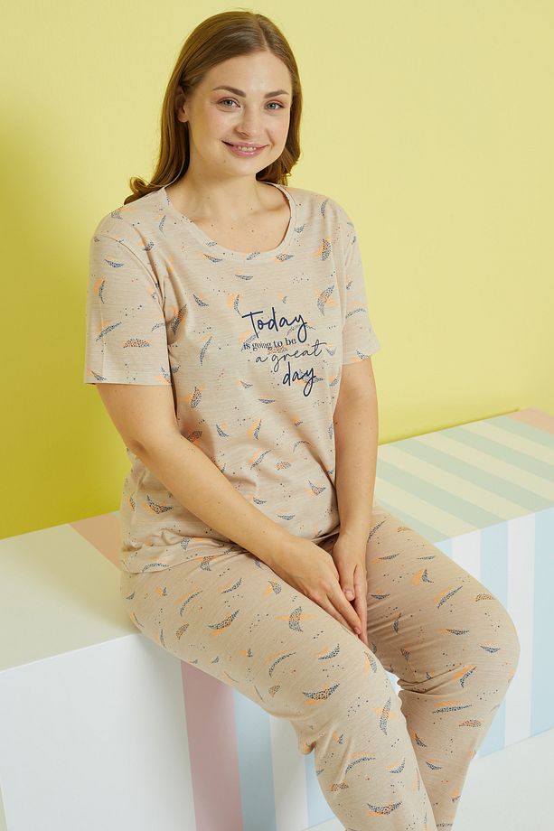 çok renkli Curve Büyük Beden Battal Boy Örme Pijama Takımı - 1