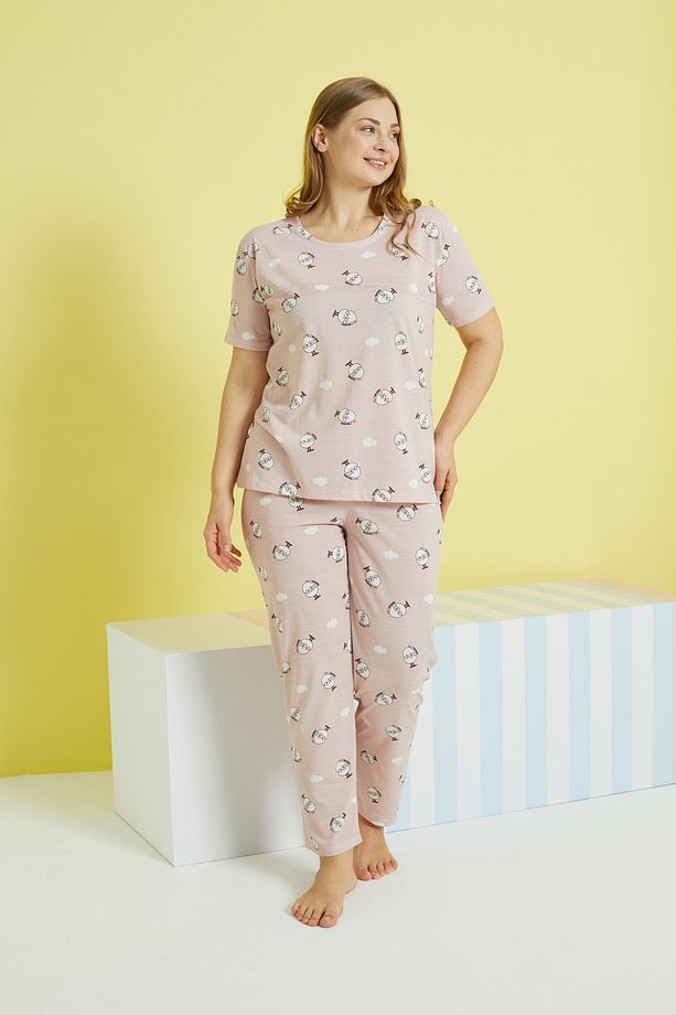 çok renkli Curve Büyük Beden Battal Boy Örme Pijama Takımı - 2