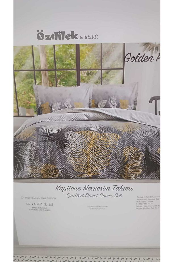 ÖZDİLEK KAPİTONE RANFORCE ÇİFT KİŞİLİK NEVRESİM TAKIMI GRİ GOLDEN PALM. - 3