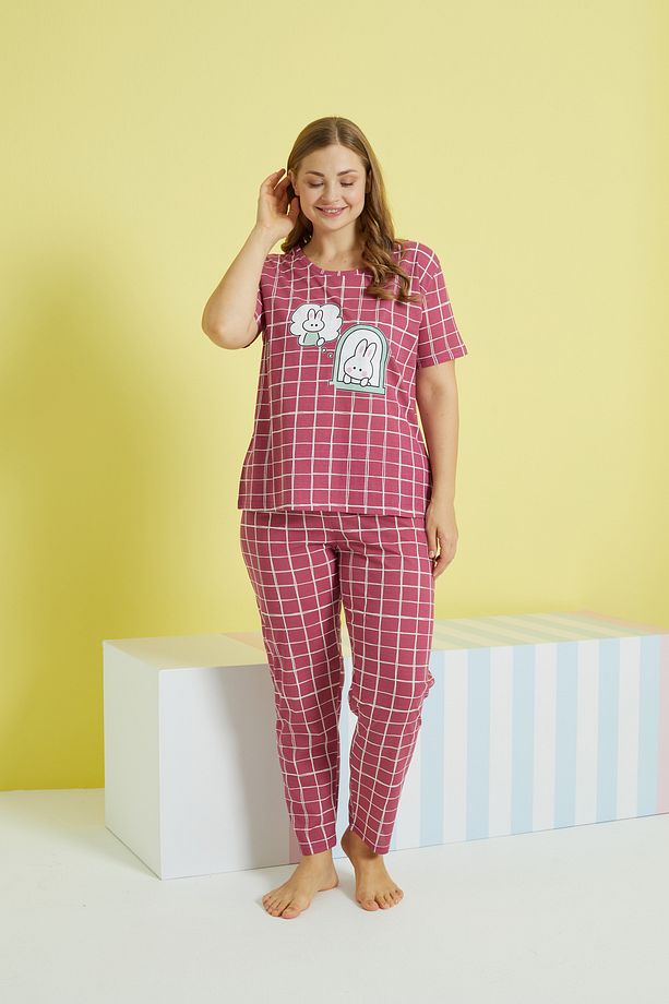 çok renkli Curve Büyük Beden Battal Boy Örme Pijama Takımı - 2