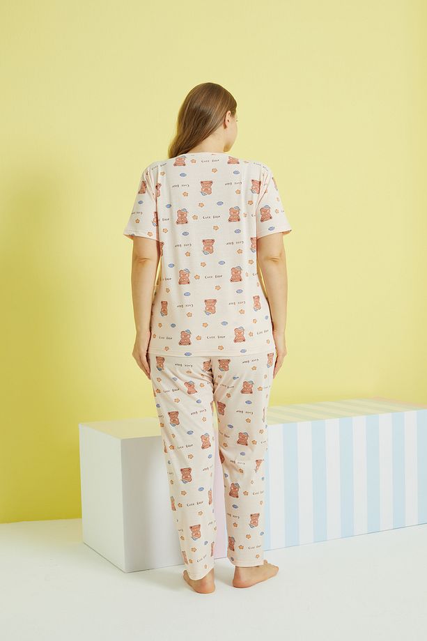 çok renkli Curve Büyük Beden Battal Boy Örme Pijama Takımı - 3