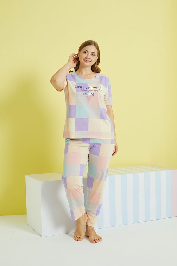 çok renkli Curve Büyük Beden Battal Boy Örme Pijama Takımı - 2
