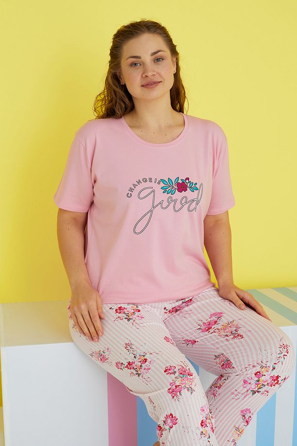 çok renkli Curve Büyük Beden Battal Boy Örme Pijama Takımı - 1