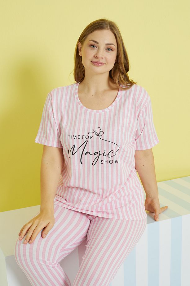 çok renkli Curve Büyük Beden Battal Boy Örme Pijama Takımı - 1