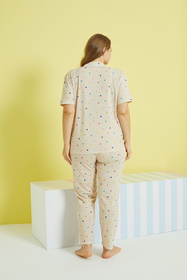 çok renkli Örme Curve Büyük Beden Battal Boy Düğmeli Pijama Takımı - 3