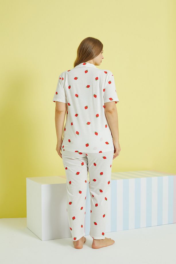 çok renkli Örme Curve Büyük Beden Battal Boy Düğmeli Pijama Takımı - 3