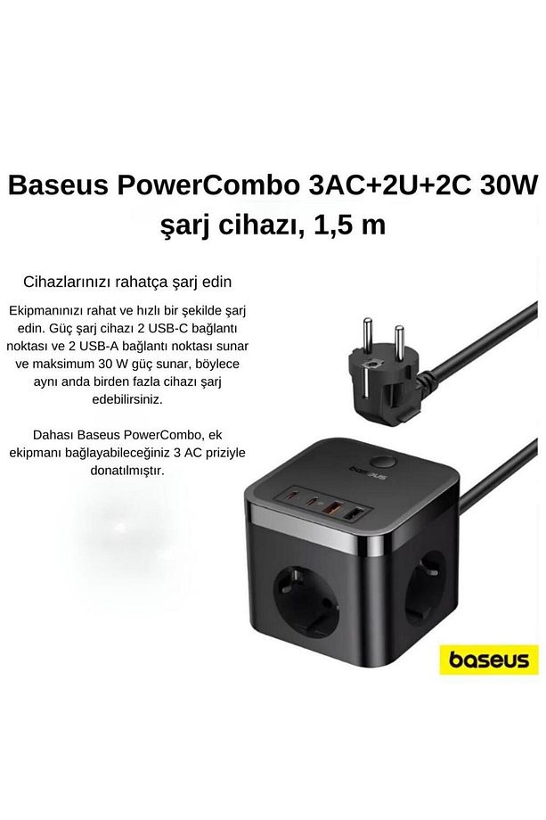 7in1 Masaüstü Şarj İstasyonu 30W 1.5Mt  2 USB 2 Type-C Şarj Başık Ve 3 AC Priz Çoğaltıcı - 3
