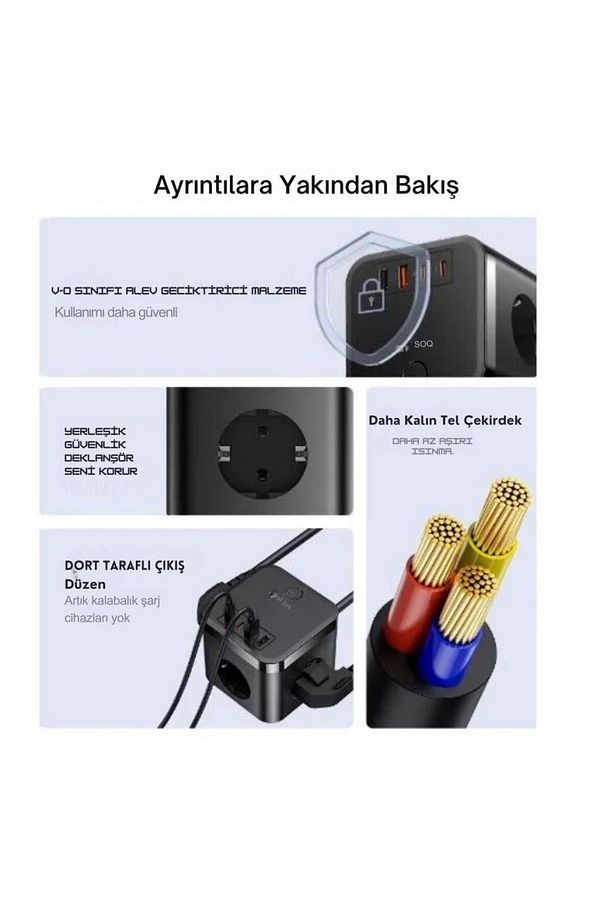 7in1 Masaüstü Şarj İstasyonu 30W 1.5Mt  2 USB 2 Type-C Şarj Başık Ve 3 AC Priz Çoğaltıcı - 5