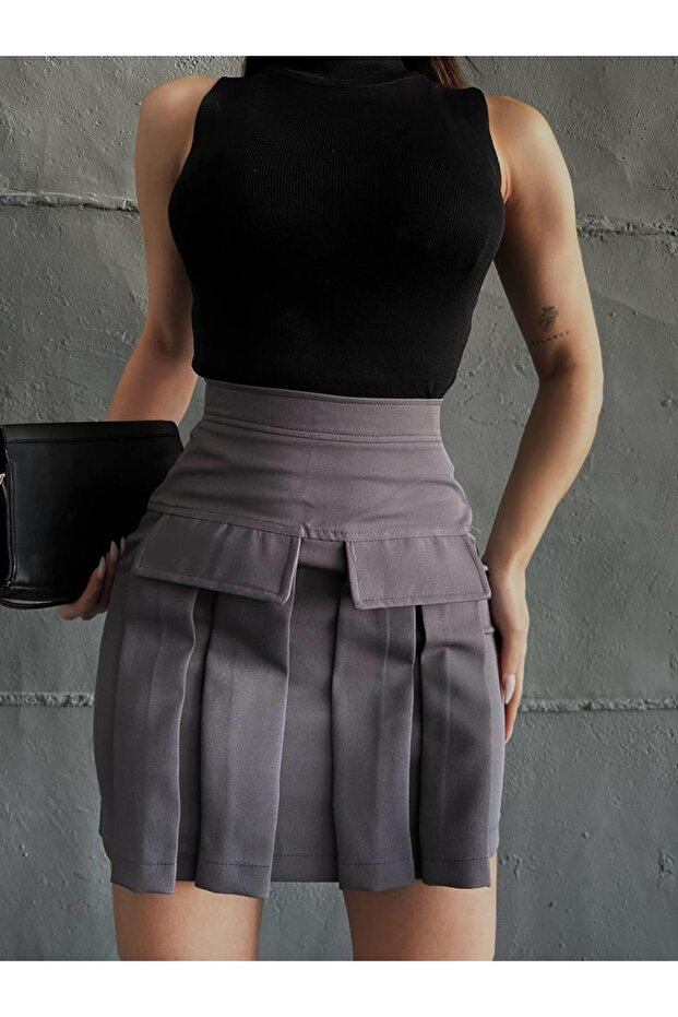 Women's Gray Cargo Pocket Detailed Pleated Mini Skirt