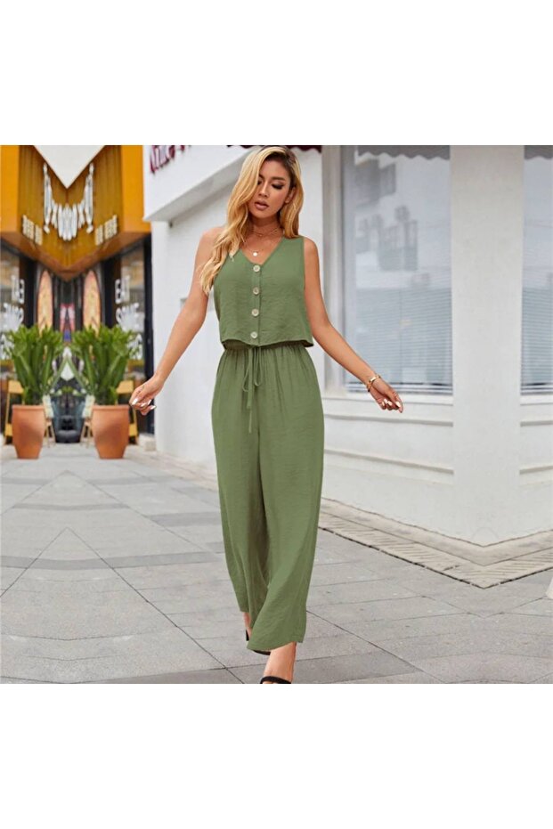 Kadın Pamuk Keten Yelek Bol Paça Pantolon İkili Takım Yeşil - 1
