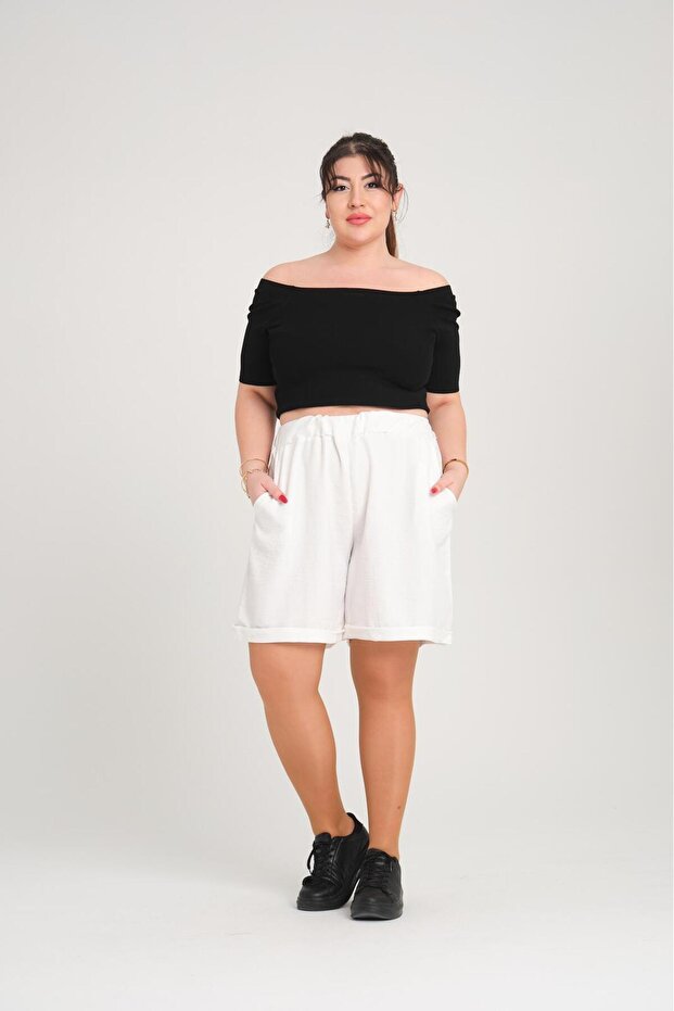 Women's Large Size Elastic Waist Linen Capri 24060