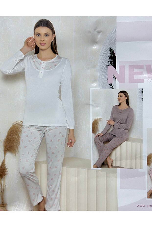 EKRU DÖKÜMLÜ PİJAMA TAKIMI - 1