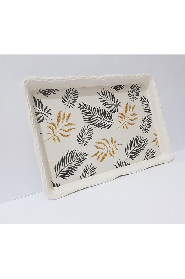 Çay Tepsi Yaprak Desenli Dikdörtgen Melamin Çay Tepsisi 33x24.5 cm - 1