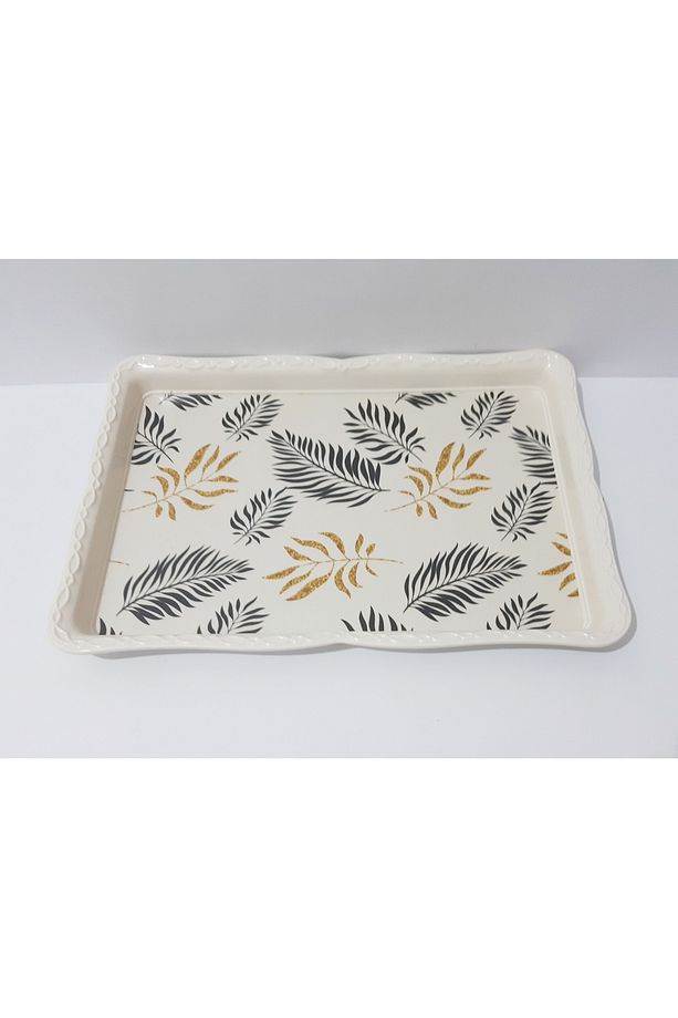 Çay Tepsi Yaprak Desenli Dikdörtgen Melamin Çay Tepsisi 33x24.5 cm - 4